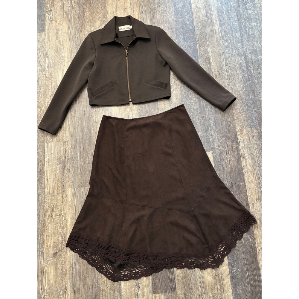 Best American Doggie‎ Vintage Brown Jacket and Lace Hem Skirt Set Size M USA